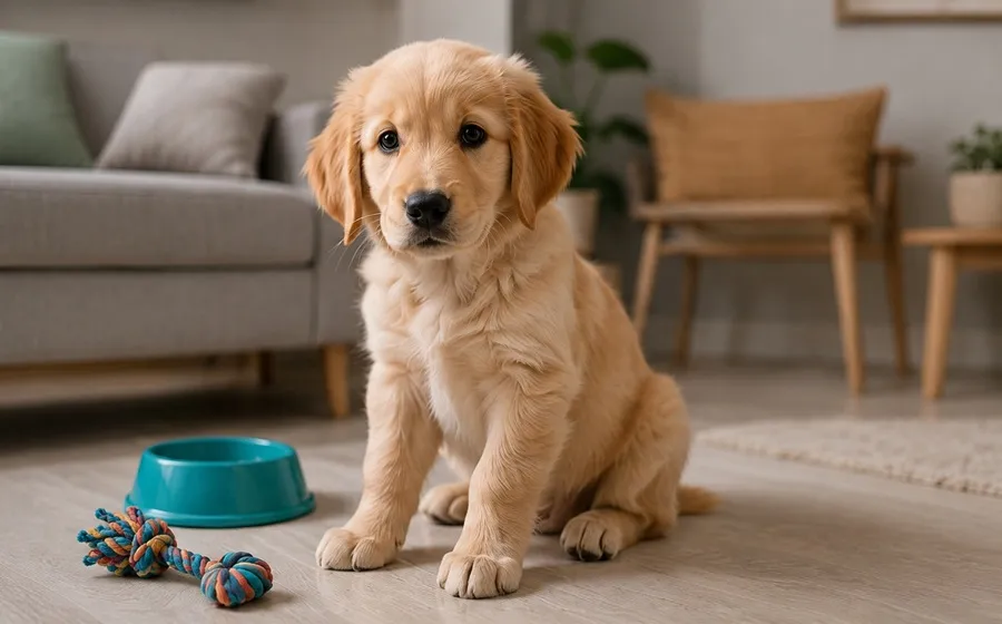 Cachorro de perro recién adoptado en casa con guía para nuevos dueños