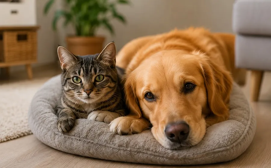 Perro y gato descansando juntos en casa de forma tranquila