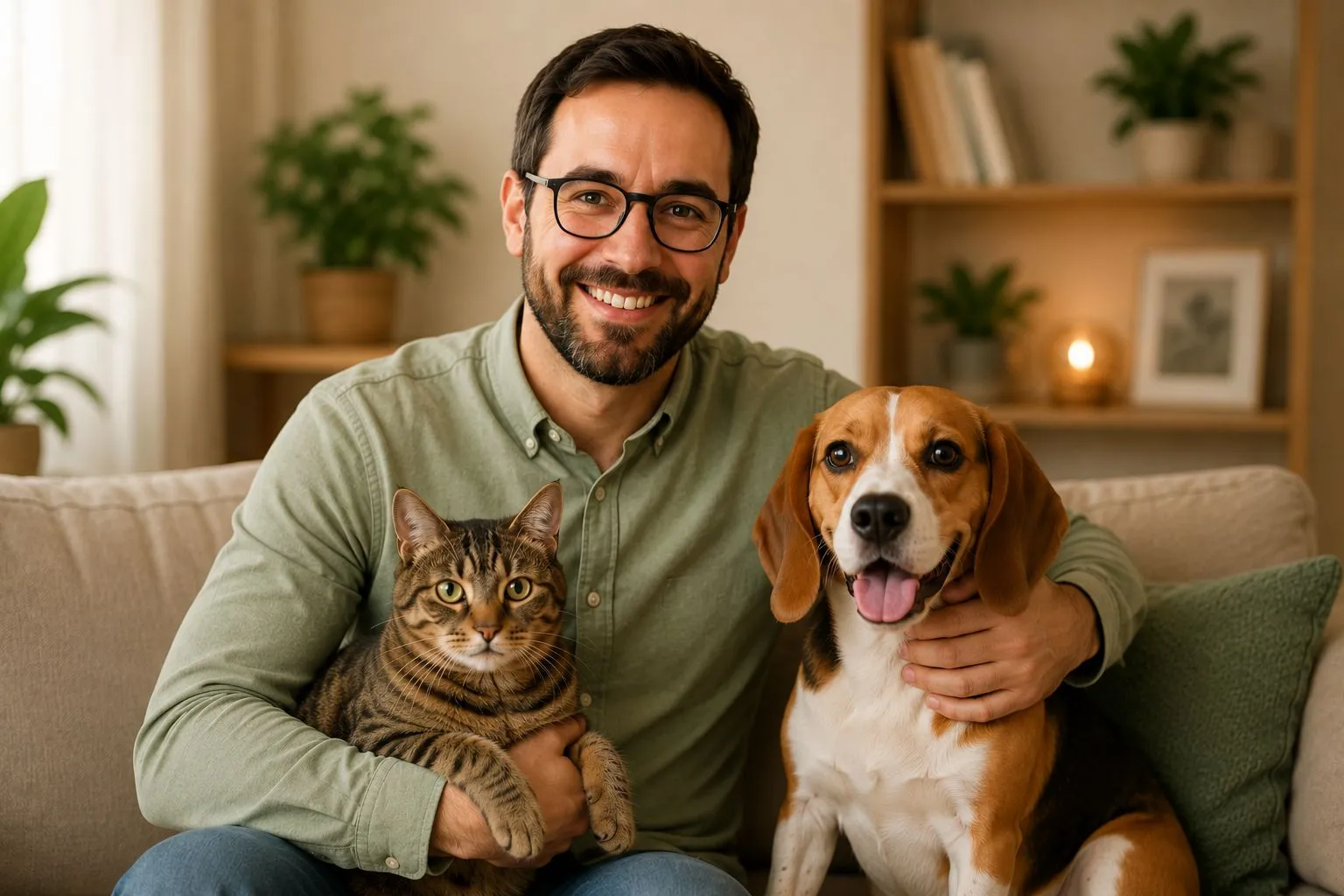 Responsable de Expertos Peludos junto a un perro y un gato compartiendo un entorno familiar y acogedor