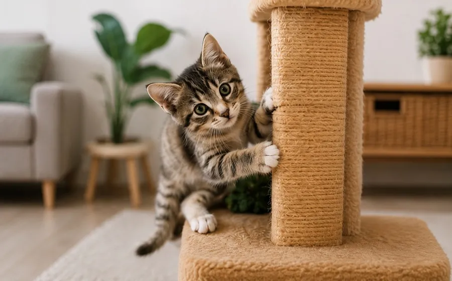 Gato arañando rascador y observando con curiosidad en casa