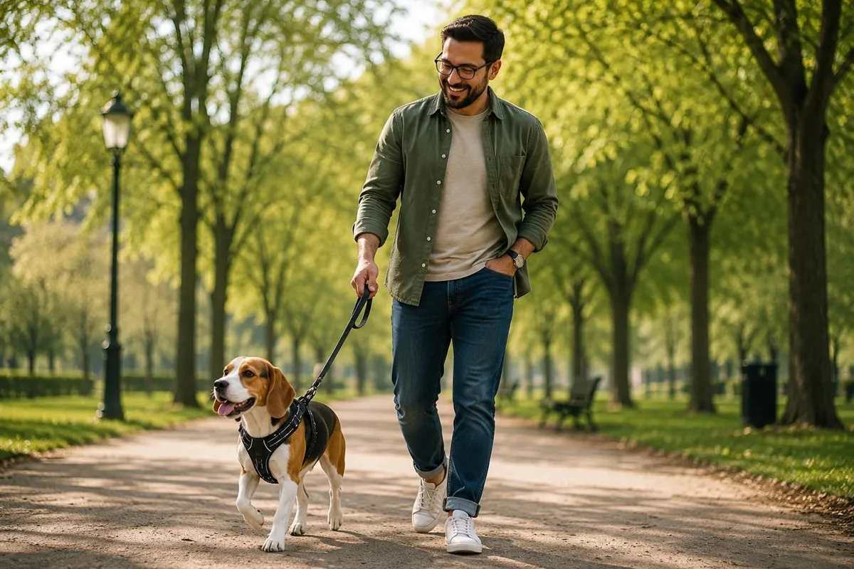 Hombre paseando un perro beagle con arnés negro en un parque durante un paseo diario.