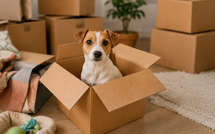 Perro pequeño dentro de una caja preparado para adopción en casa