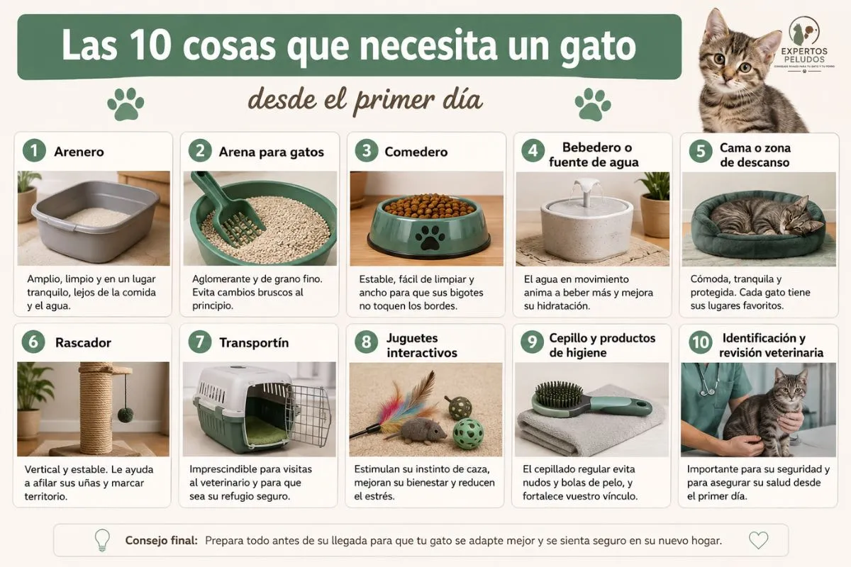 Las 10 cosas que necesita un gato desde el primer día: arenero, comida, agua, cama, rascador, transportín y juguetes