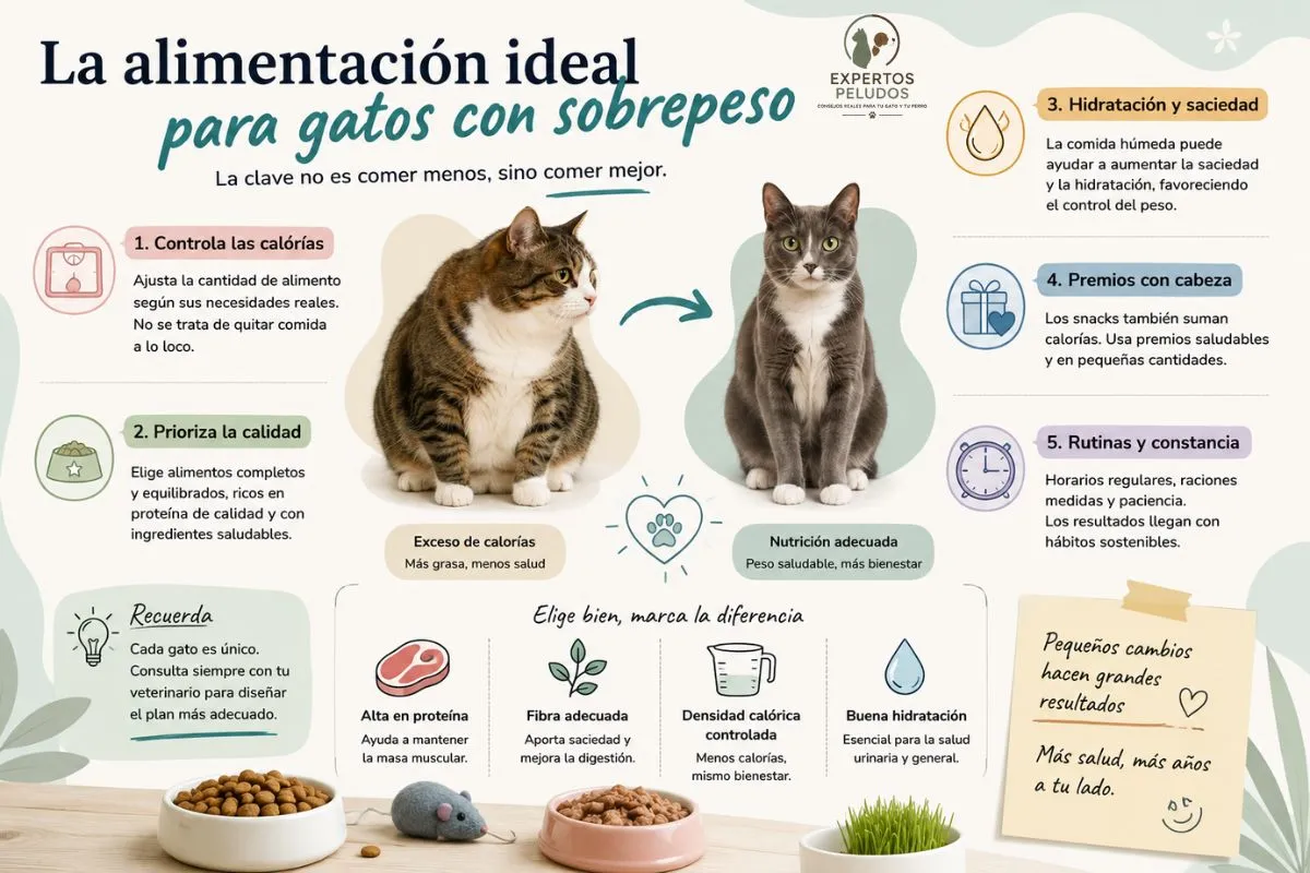 Infografía sobre la alimentación ideal para gatos con sobrepeso mostrando los principios básicos para una pérdida de peso saludable mediante nutrición adecuada