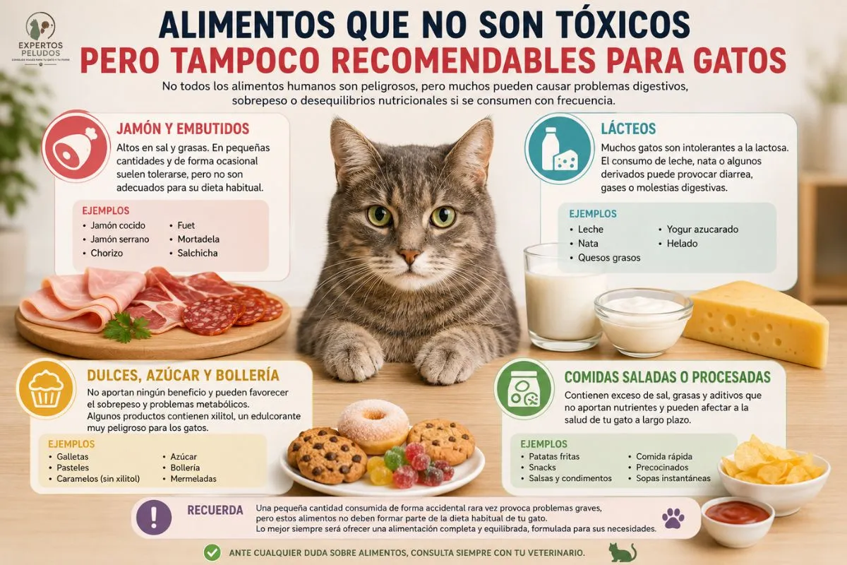 Infografía sobre alimentos que no son tóxicos pero tampoco recomendables para gatos como embutidos, lácteos, dulces y alimentos procesados