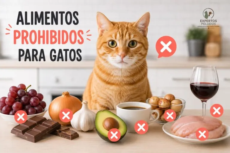 Gato rodeado de alimentos prohibidos para gatos como chocolate, cebolla, ajo, uvas y aguacate