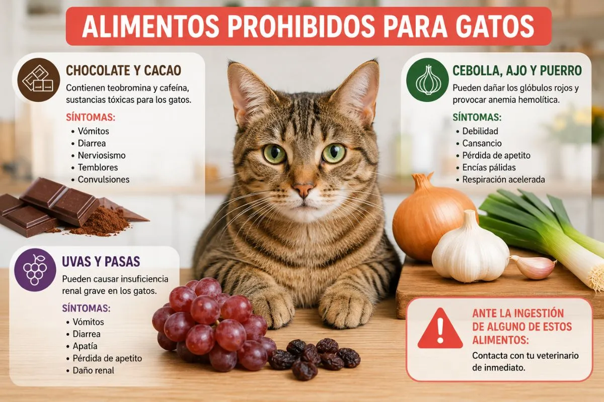 Infografía sobre alimentos prohibidos para gatos con chocolate, cebolla, ajo, puerro, uvas y pasas