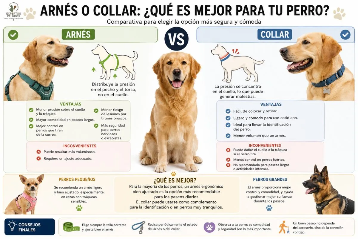 Comparativa entre arnés y collar para perros mostrando ventajas, inconvenientes y recomendaciones según el tamaño y las necesidades del perro
