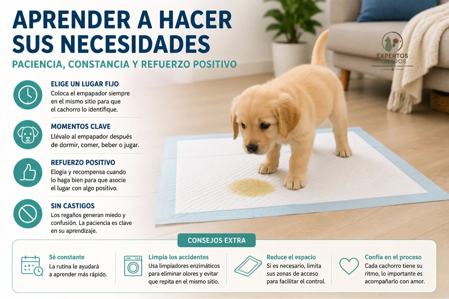 Cachorro aprendiendo a hacer pis en un empapador durante sus primeros días en casa