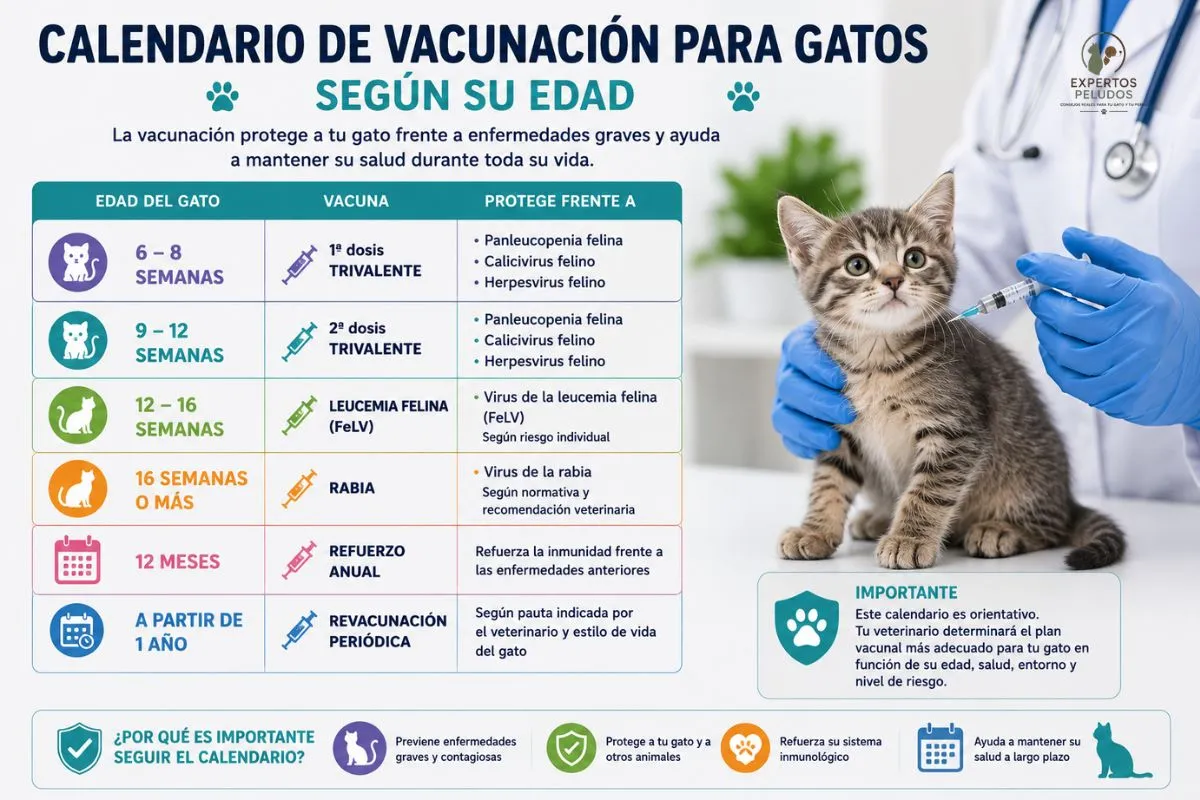 Calendario de vacunación para gatos según su edad con las principales vacunas recomendadas para gatitos y gatos adultos.