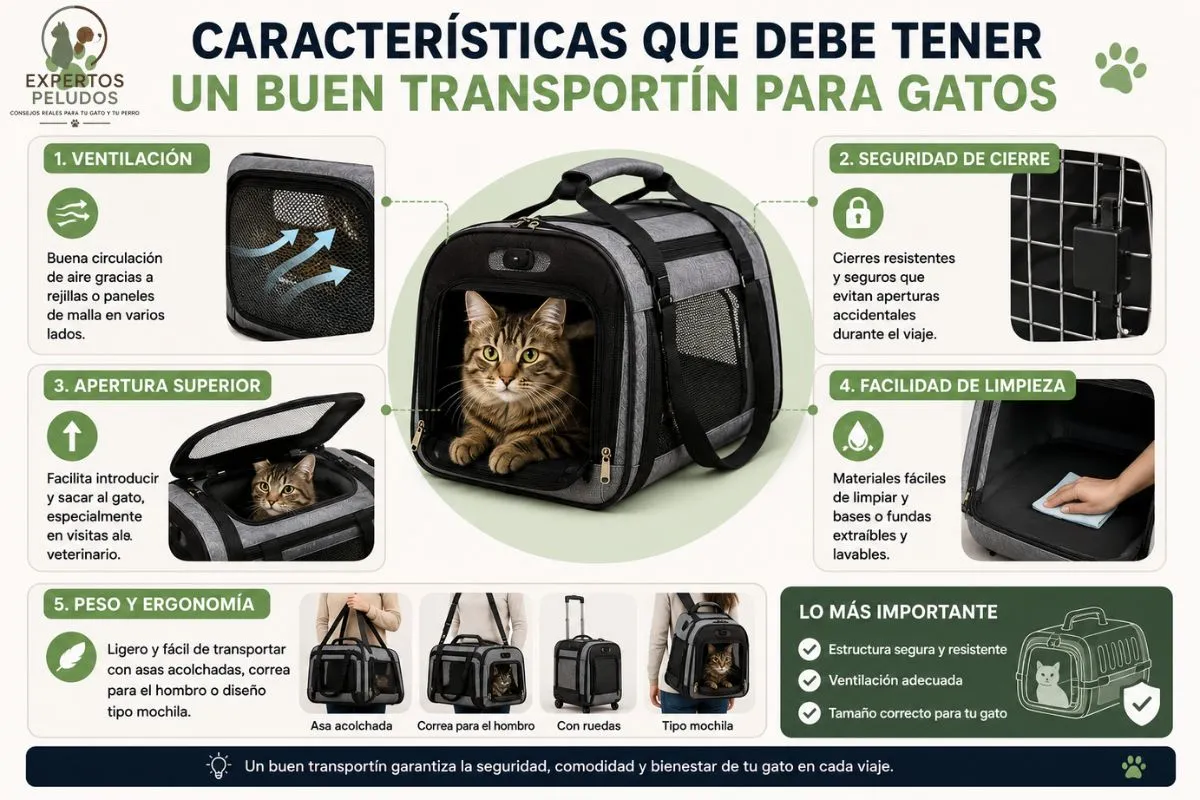 Infografía sobre las características que debe tener un buen transportín para gatos: ventilación, cierre seguro, apertura superior, facilidad de limpieza y ergonomía.