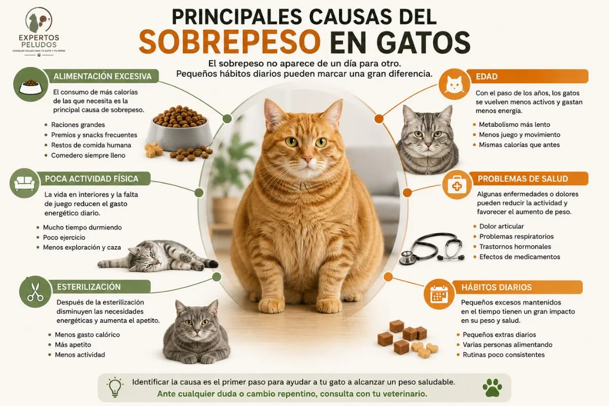 Infografía sobre las principales causas del sobrepeso en gatos como alimentación excesiva, esterilización, sedentarismo, edad y problemas de salud