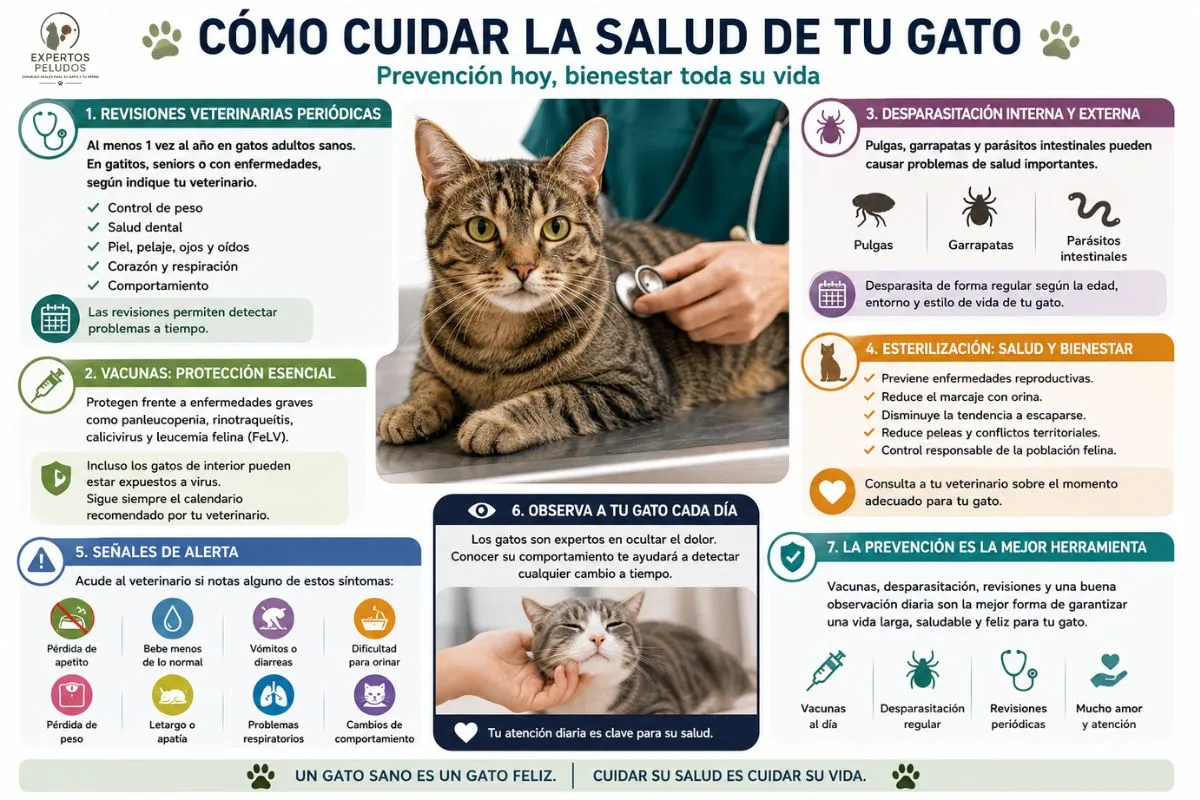 Infografía sobre la salud del gato con información sobre revisiones veterinarias, vacunas, desparasitación, esterilización y señales de alerta para detectar enfermedades.