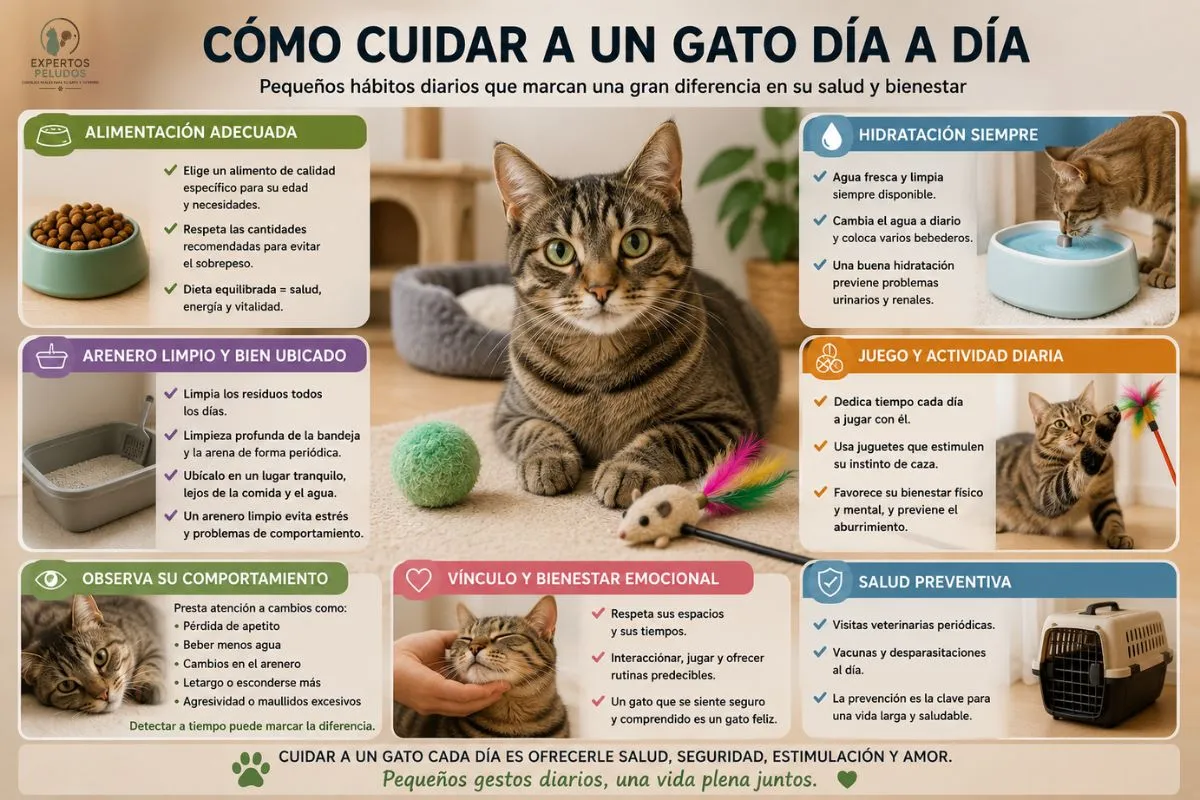Infografía sobre cómo cuidar un gato día a día con consejos de alimentación, hidratación, limpieza del arenero, juego, salud preventiva y bienestar emocional.