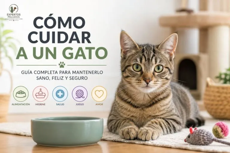 Gato doméstico junto a su comedero y rascador en casa, ilustrando los cuidados básicos de alimentación, higiene, salud y bienestar felino.