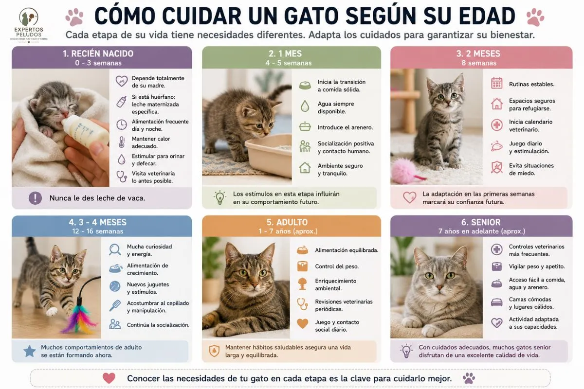 Infografía sobre cómo cuidar un gato según su edad, desde gatos recién nacidos y gatitos de 1 y 2 meses hasta gatos adultos y senior, con consejos de alimentación, salud y bienestar.
