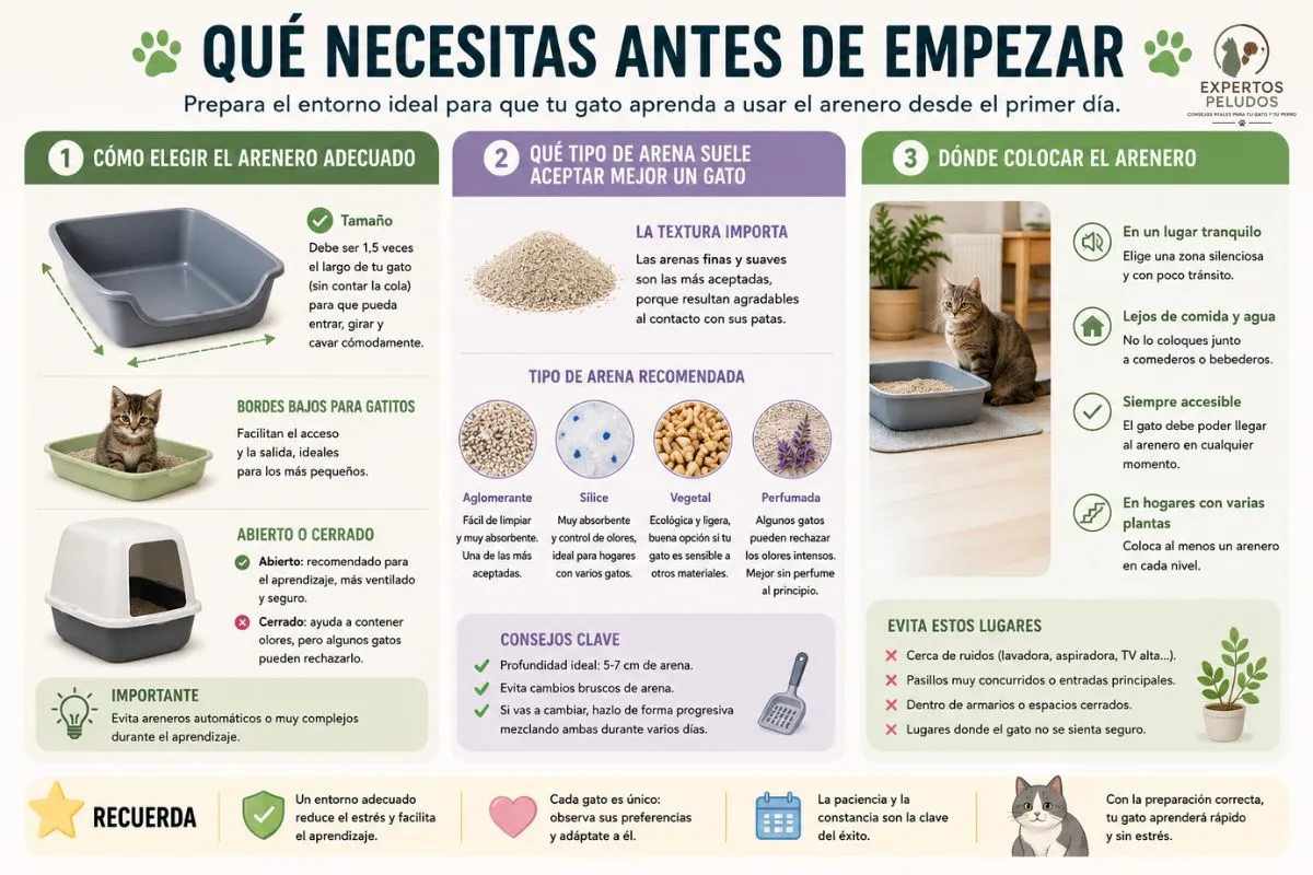Infografía sobre cómo enseñar a un gato a usar el arenero: elección del arenero, tipo de arena recomendada y ubicación adecuada en casa.