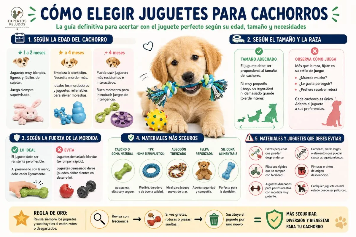 Infografía sobre cómo elegir juguetes para cachorros según su edad, tamaño, fuerza de mordida, materiales seguros y juguetes que conviene evitar.