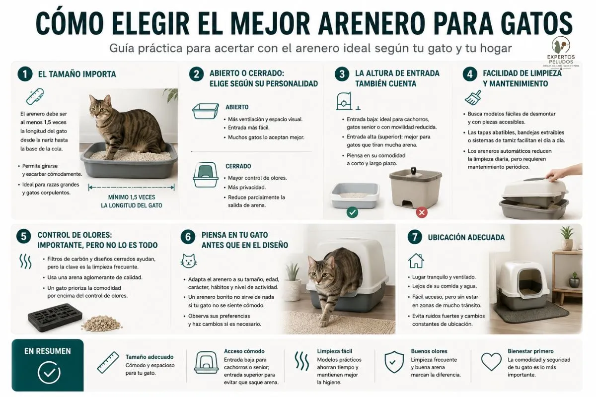 Infografía sobre cómo elegir el mejor arenero para gatos según tamaño, tipo, limpieza, control de olores y necesidades del gato.
