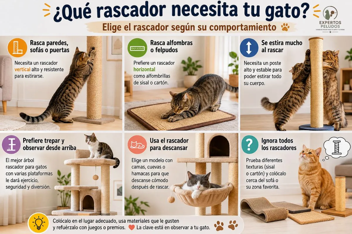 Infografía sobre cómo elegir un rascador para gatos según sus hábitos de rascado, incluyendo rascadores verticales, horizontales y árboles rascadores