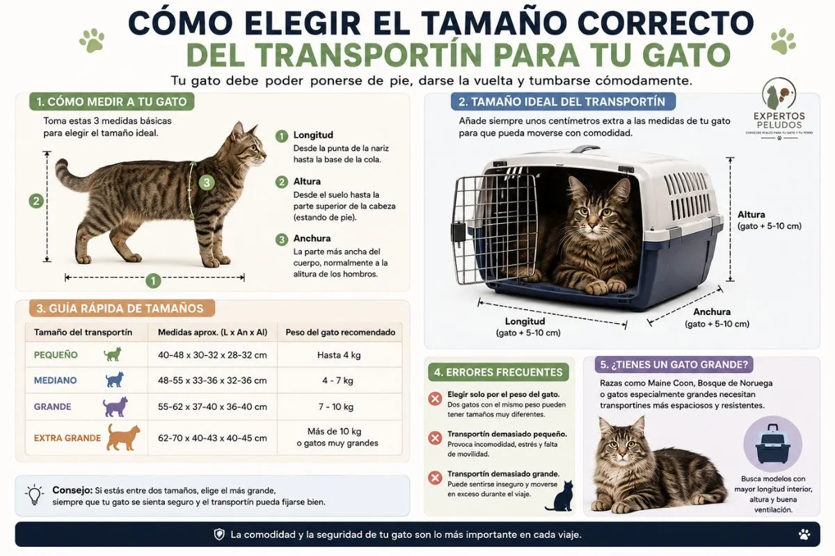 Guía para elegir el tamaño correcto de un transportín para gatos mostrando cómo medir al gato y las dimensiones recomendadas según su tamaño.