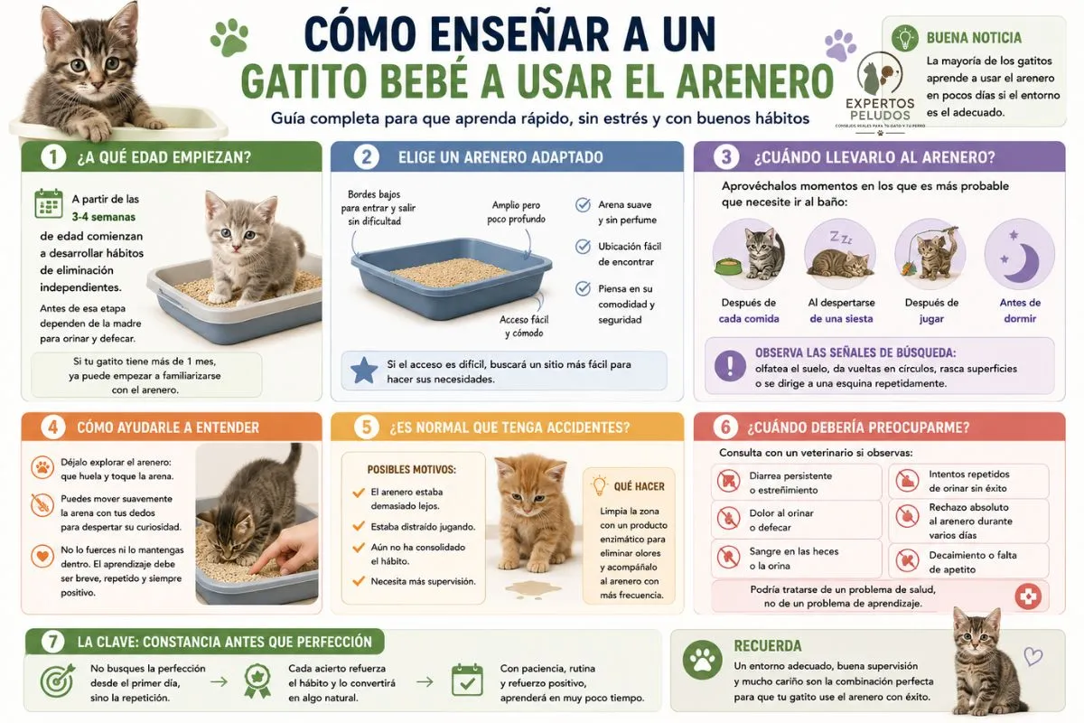 Infografía sobre cómo enseñar a un gatito bebé a usar el arenero, con consejos sobre edad adecuada, elección del arenero, rutinas y refuerzo positivo.