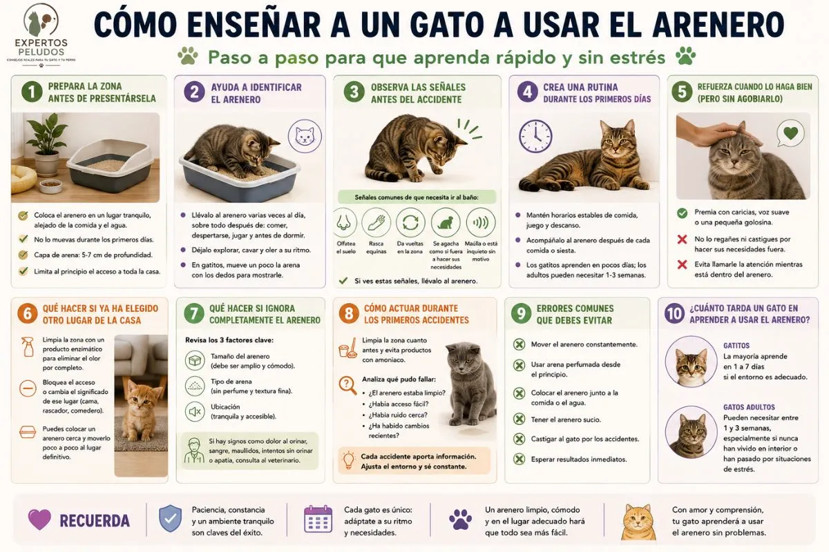 Infografía paso a paso sobre cómo enseñar a un gato a usar el arenero, con consejos para gatitos, gatos adultos y solución de problemas frecuentes.