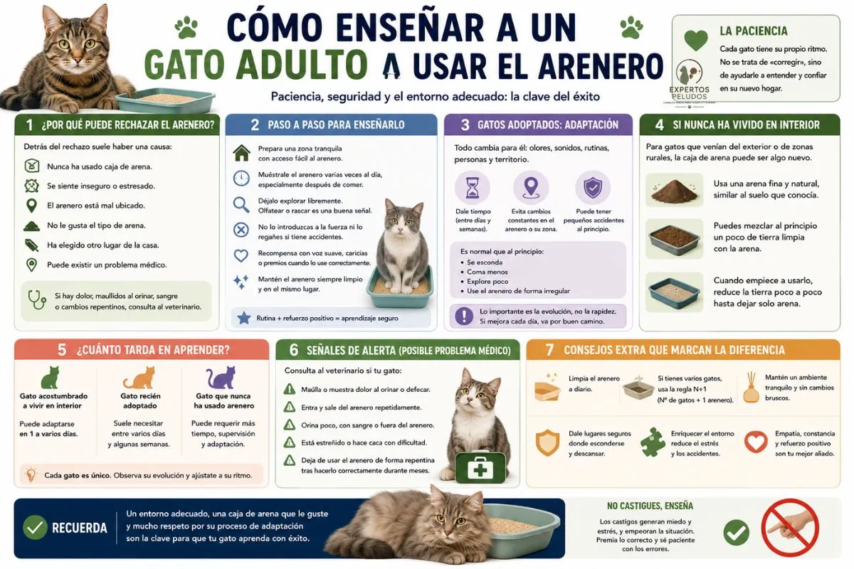 Infografía sobre cómo enseñar a un gato adulto a usar el arenero, incluyendo adaptación al hogar, uso de la caja de arena, señales de alerta y consejos prácticos.