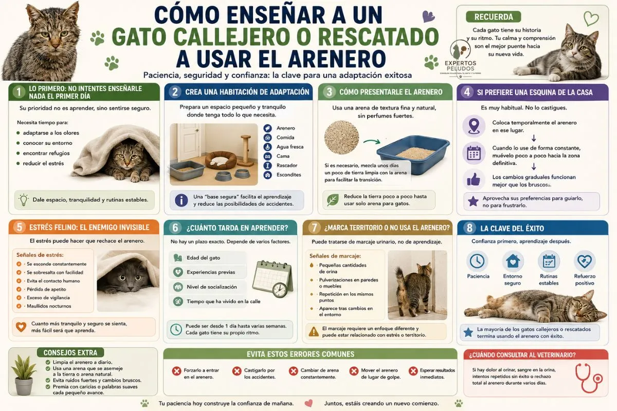 Infografía sobre cómo enseñar a un gato callejero o rescatado a usar el arenero, incluyendo adaptación al hogar, reducción del estrés y uso correcto de la caja de arena.