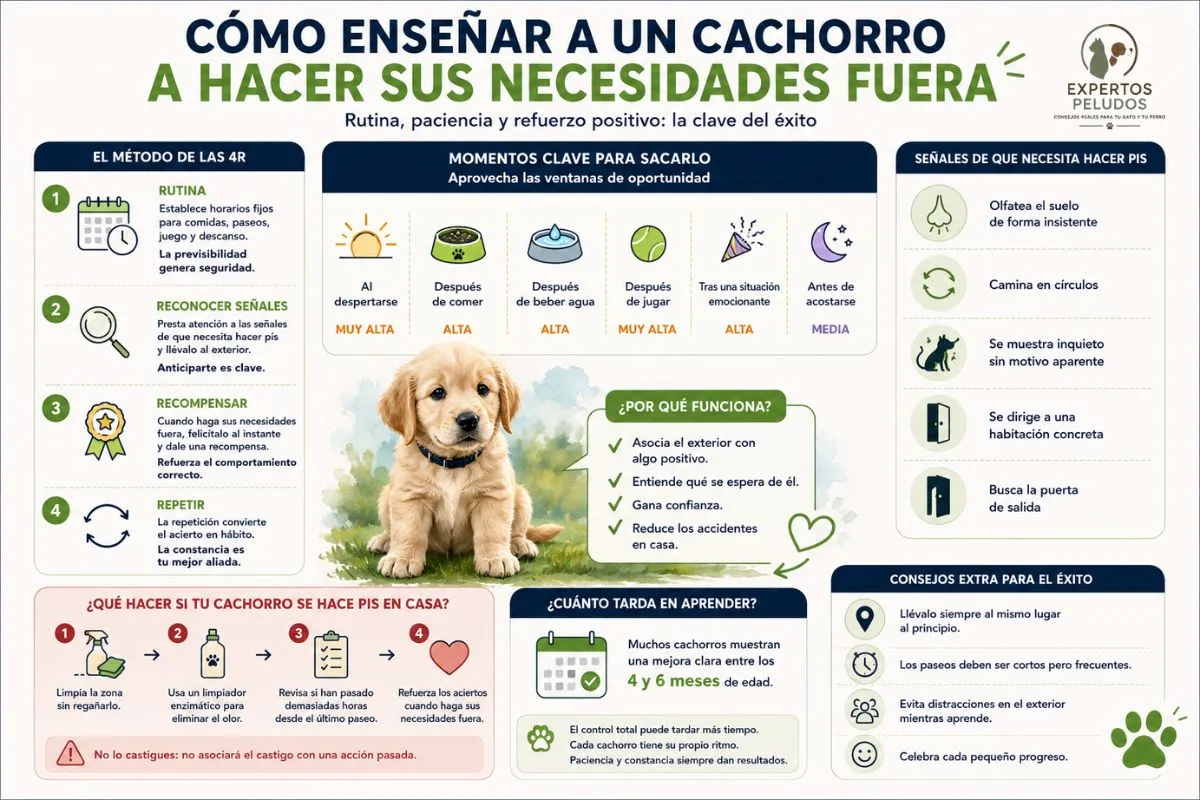Infografía sobre cómo enseñar a un cachorro a hacer sus necesidades fuera de casa paso a paso utilizando rutina, refuerzo positivo y constancia