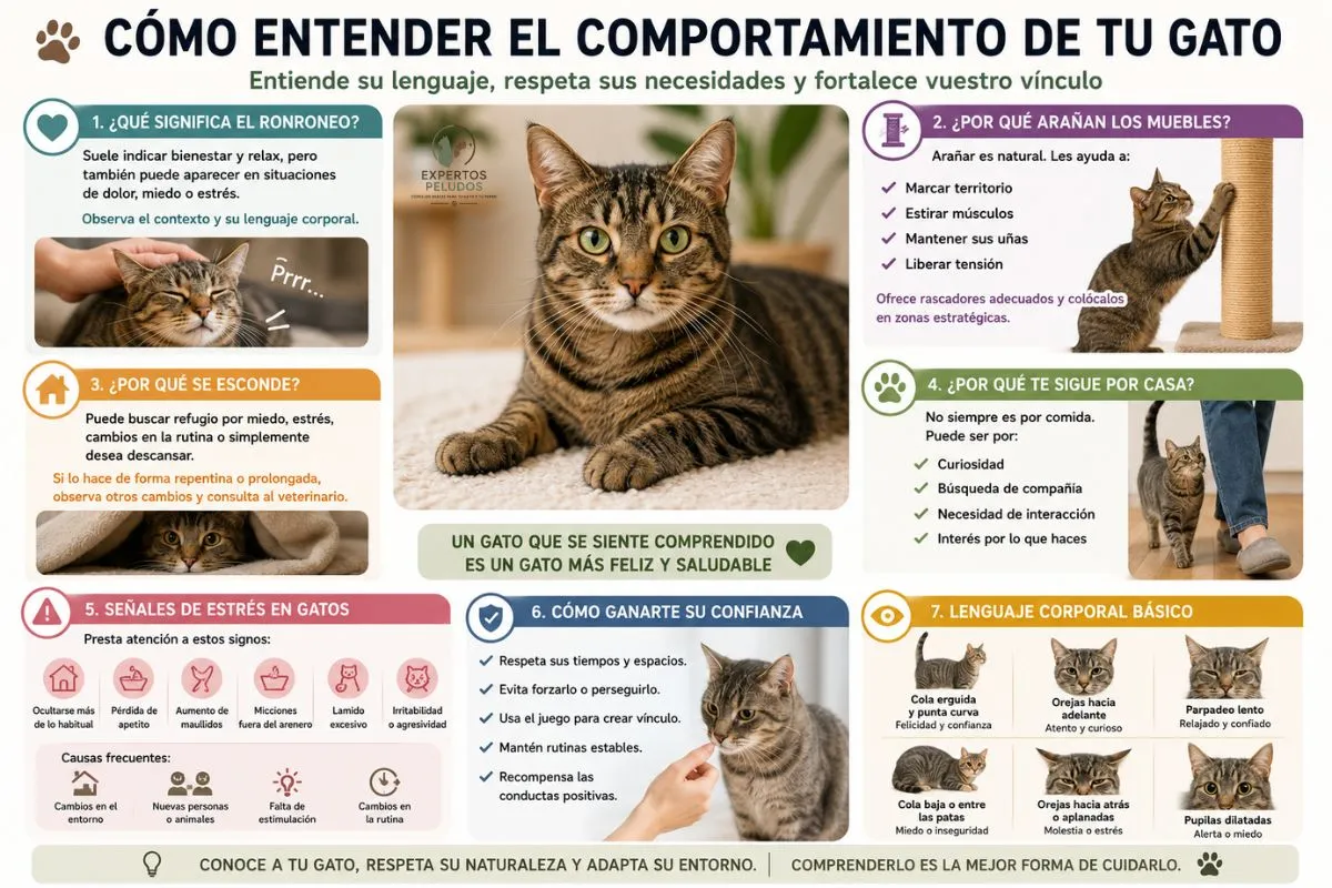 Infografía sobre el comportamiento felino que explica el significado del ronroneo, el rascado, las señales de estrés, el lenguaje corporal y cómo ganarse la confianza de un gato.