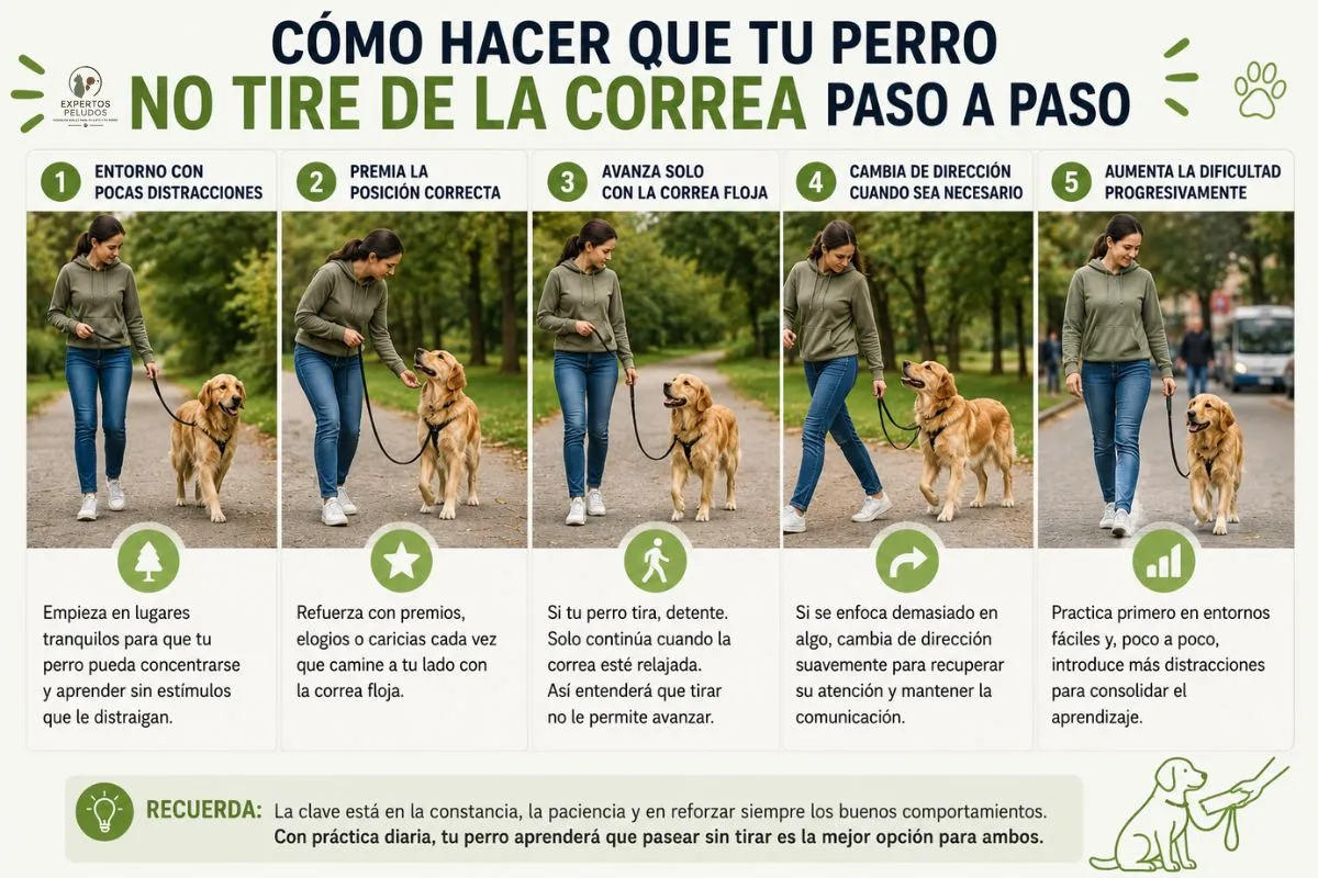 Infografía paso a paso sobre cómo hacer que un perro no tire de la correa durante el paseo mediante entrenamiento, refuerzo positivo y ejercicios de marcha con correa floja.