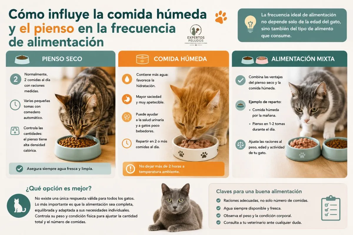 Comparativa entre pienso seco, comida húmeda y alimentación mixta para determinar cuántas veces debe comer un gato al día