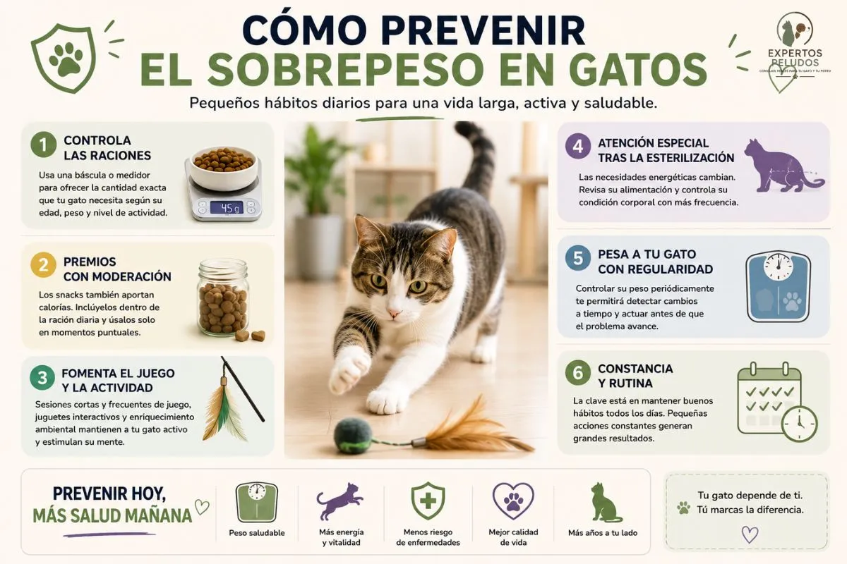 Infografía sobre cómo prevenir el sobrepeso en gatos mediante control de raciones, actividad física, seguimiento del peso y hábitos saludables