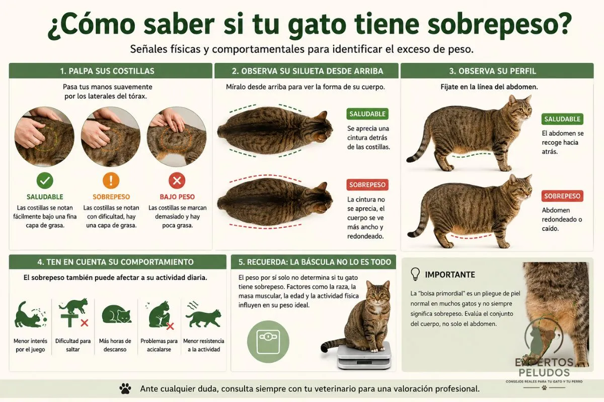 Infografía sobre cómo saber si un gato tiene sobrepeso mediante la observación de las costillas, la cintura, el abdomen y el comportamiento
