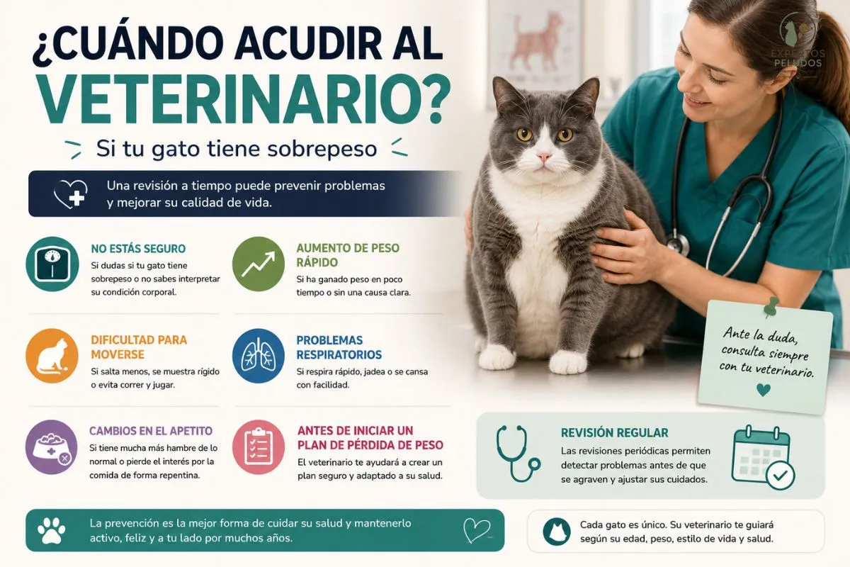 Veterinaria examinando a un gato con sobrepeso durante una revisión para evaluar su salud y condición corporal