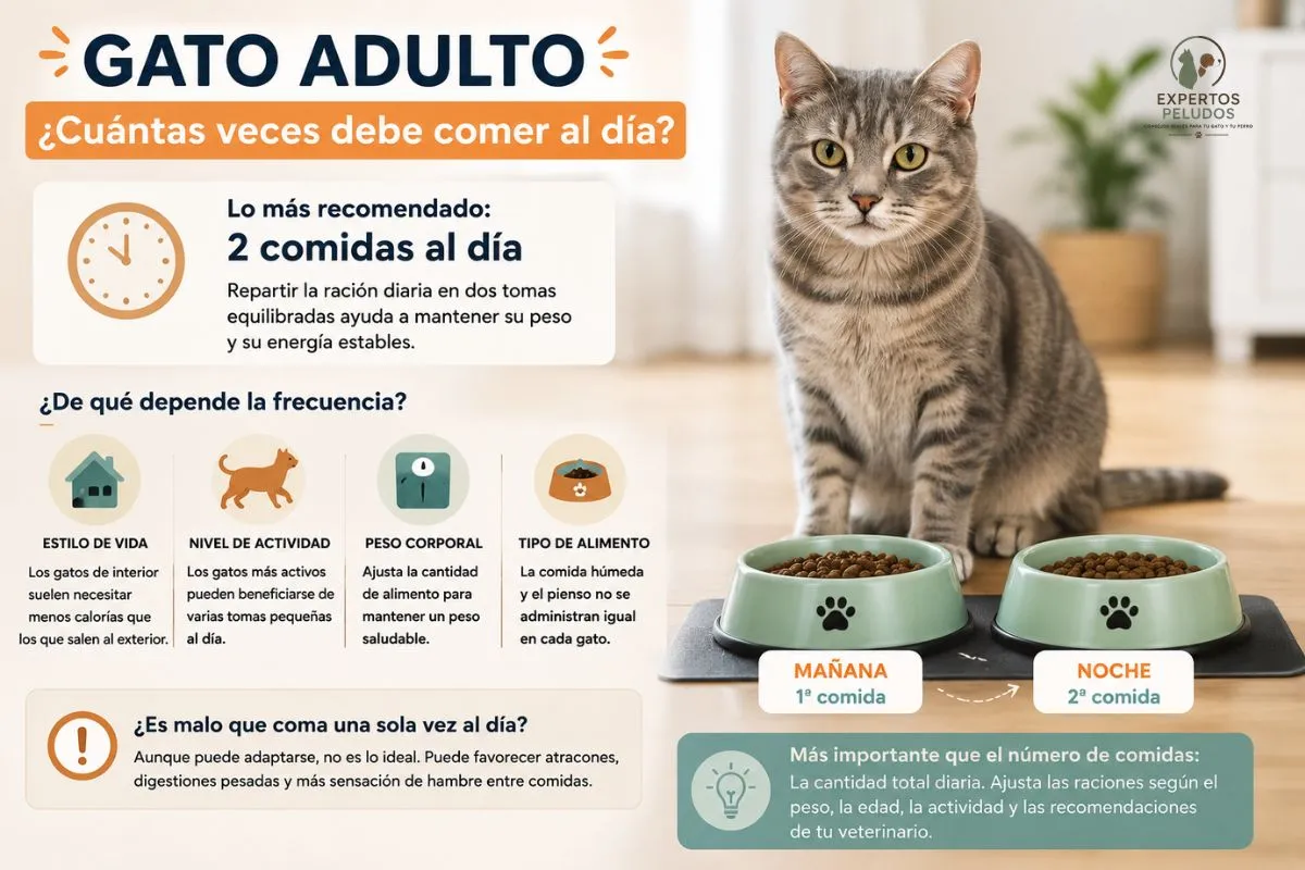 Gato adulto junto a dos comederos mostrando cuántas veces debe comer un gato adulto al día