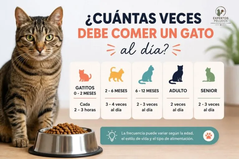 Gato junto a su comedero con guía sobre cuántas veces debe comer un gato al día según su edad
