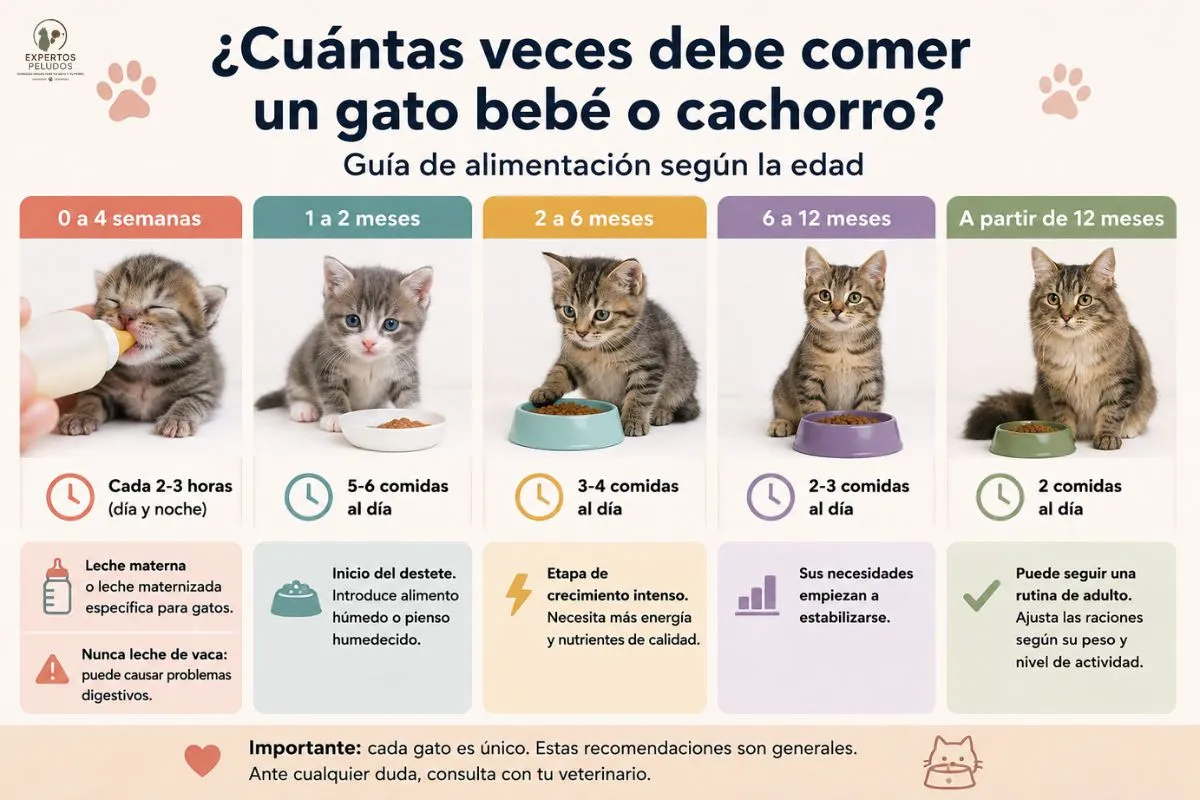 Guía visual sobre cuántas veces debe comer un gato bebé o cachorro según su edad desde el nacimiento hasta la etapa adulta