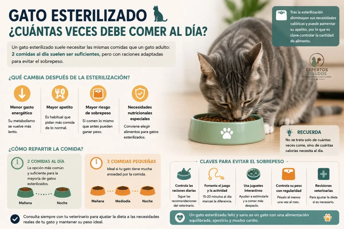 Gato esterilizado comiendo junto a una guía sobre cuántas veces debe comer un gato esterilizado al día