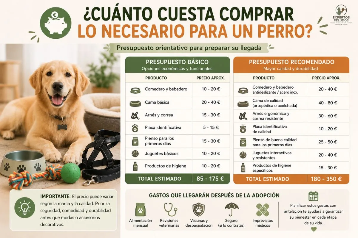 Presupuesto orientativo para comprar todo lo necesario para un perro antes de la adopción, incluyendo cama, comedero, arnés, juguetes y alimentación.