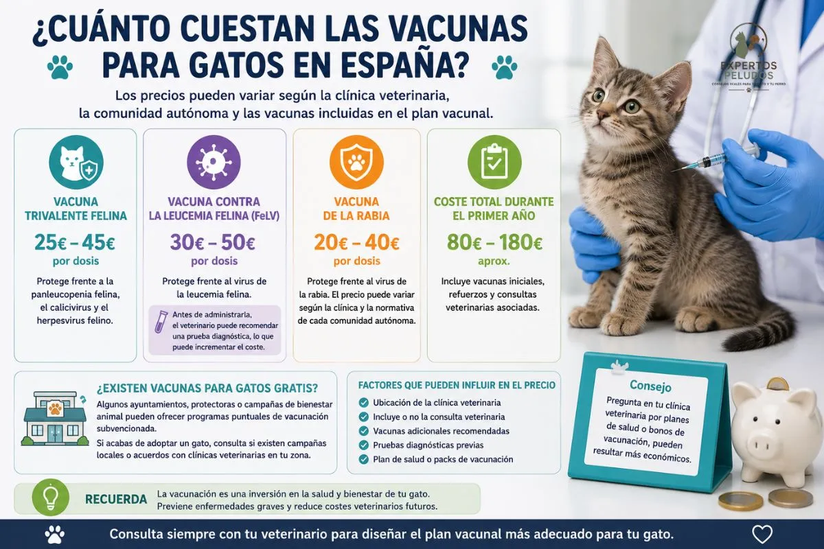 Infografía sobre el precio de las vacunas para gatos en España, con costes orientativos de la vacuna trivalente felina, la vacuna contra la leucemia felina y la vacuna de la rabia.