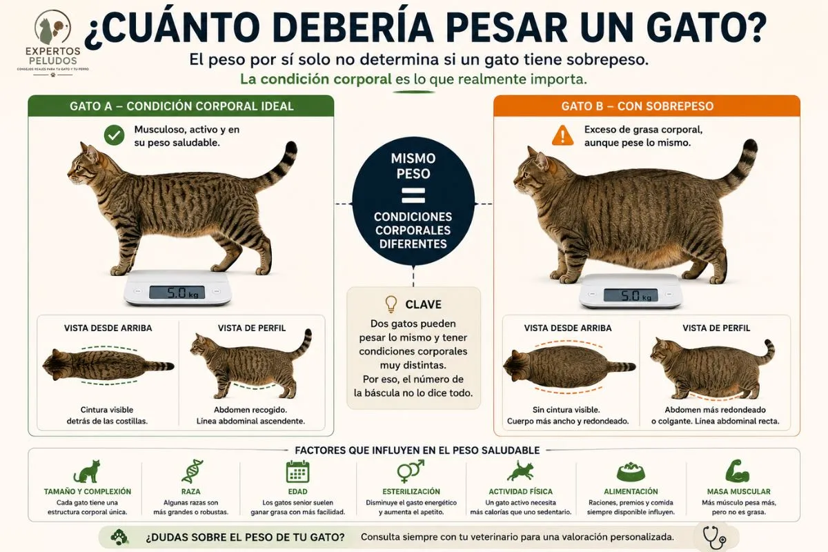Comparativa entre dos gatos con el mismo peso pero diferente condición corporal mostrando un gato con peso saludable y otro con sobrepeso
