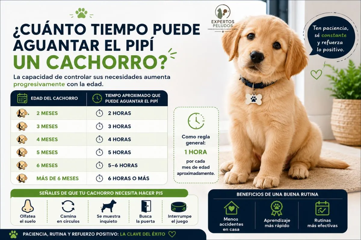 Infografía sobre cuánto tiempo puede aguantar el pipí un cachorro según su edad y desarrollo