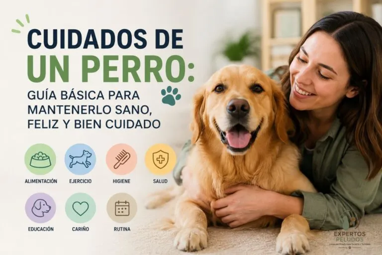 Mujer acariciando a un perro golden retriever mientras se muestran los cuidados básicos de un perro: alimentación, ejercicio, higiene, salud y educación.