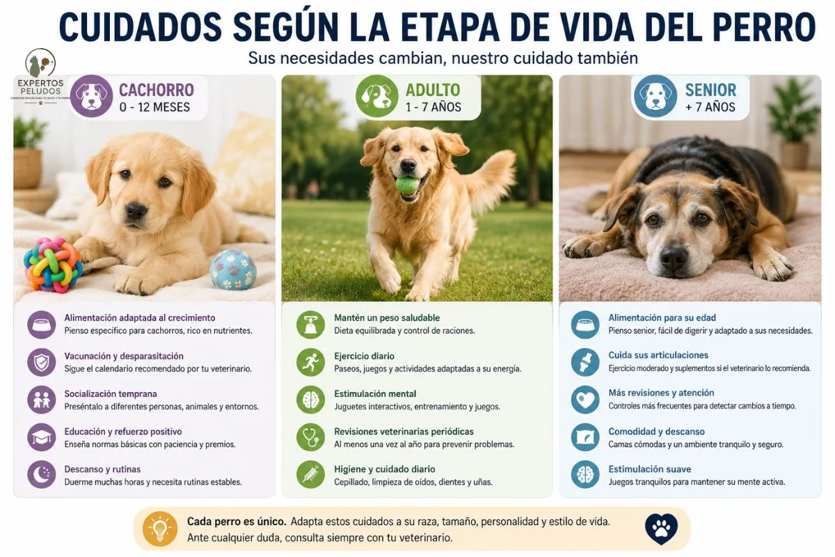 Comparativa de los cuidados de un perro cachorro, adulto y senior mostrando las necesidades de alimentación, ejercicio, salud y bienestar en cada etapa de la vida.