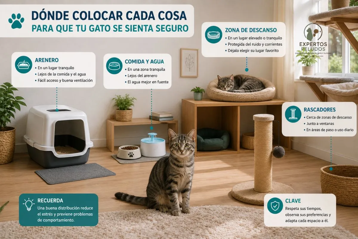 Distribución correcta del arenero, comida, agua, cama y rascador para que un gato se sienta seguro en casa