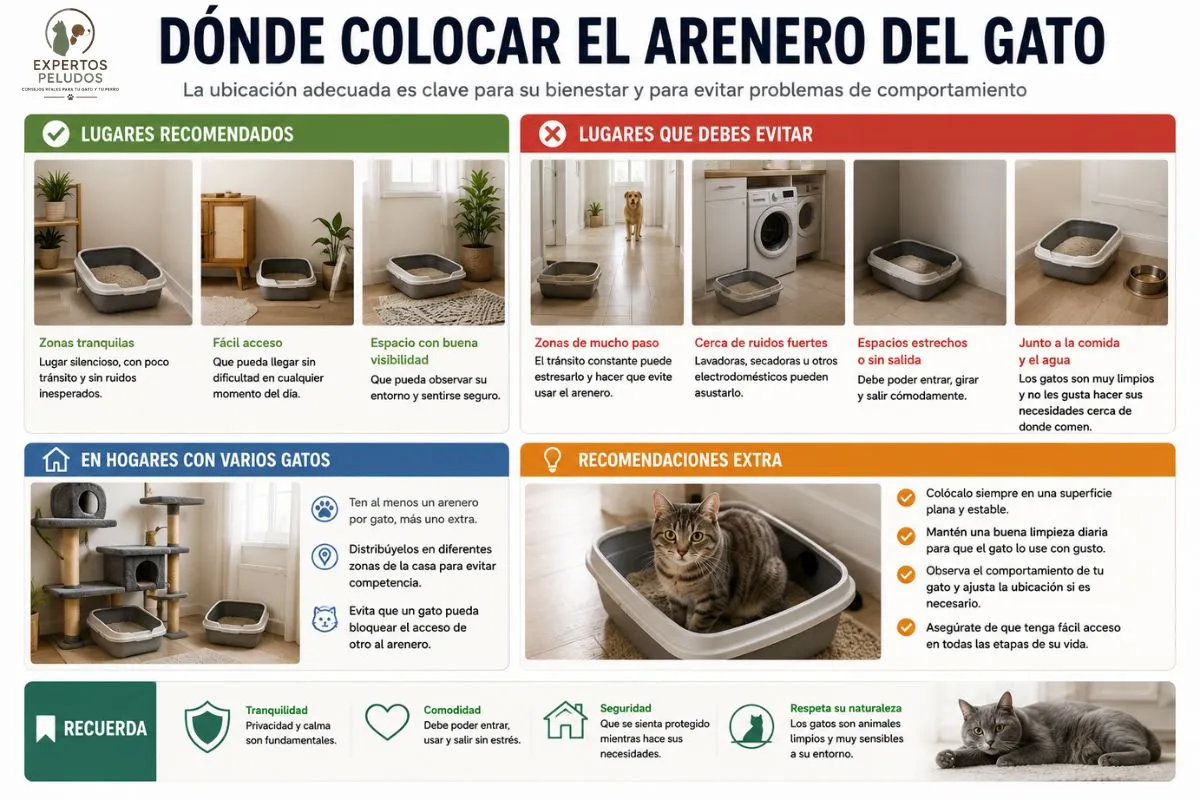 Infografía sobre dónde colocar el arenero del gato con ejemplos de ubicaciones recomendadas y lugares que deben evitarse.