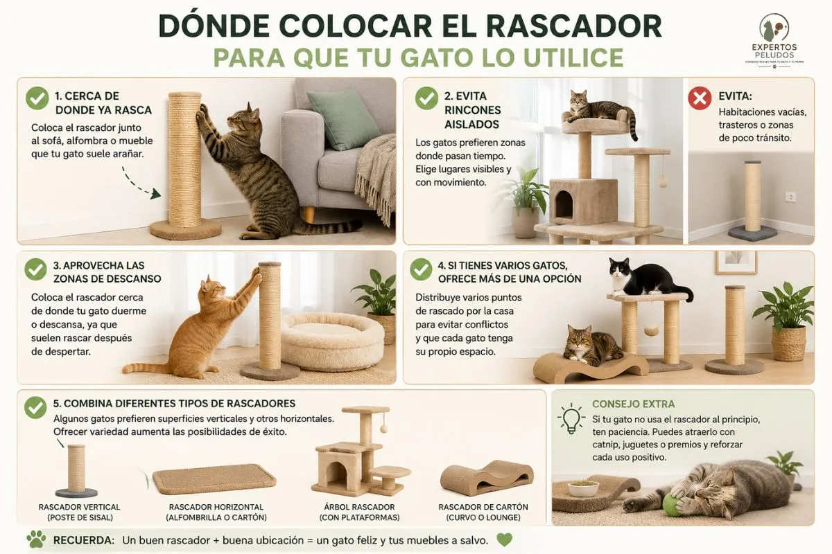Infografía sobre dónde colocar un rascador para gatos para que lo utilicen, con ejemplos de rascador vertical, árbol rascador y rascador horizontal