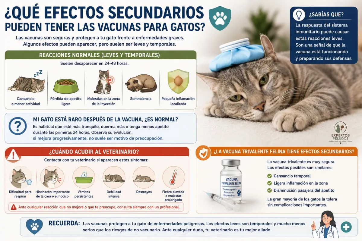 Infografía sobre los efectos secundarios de las vacunas para gatos, las reacciones normales tras la vacunación y las señales de alerta que requieren atención veterinaria.